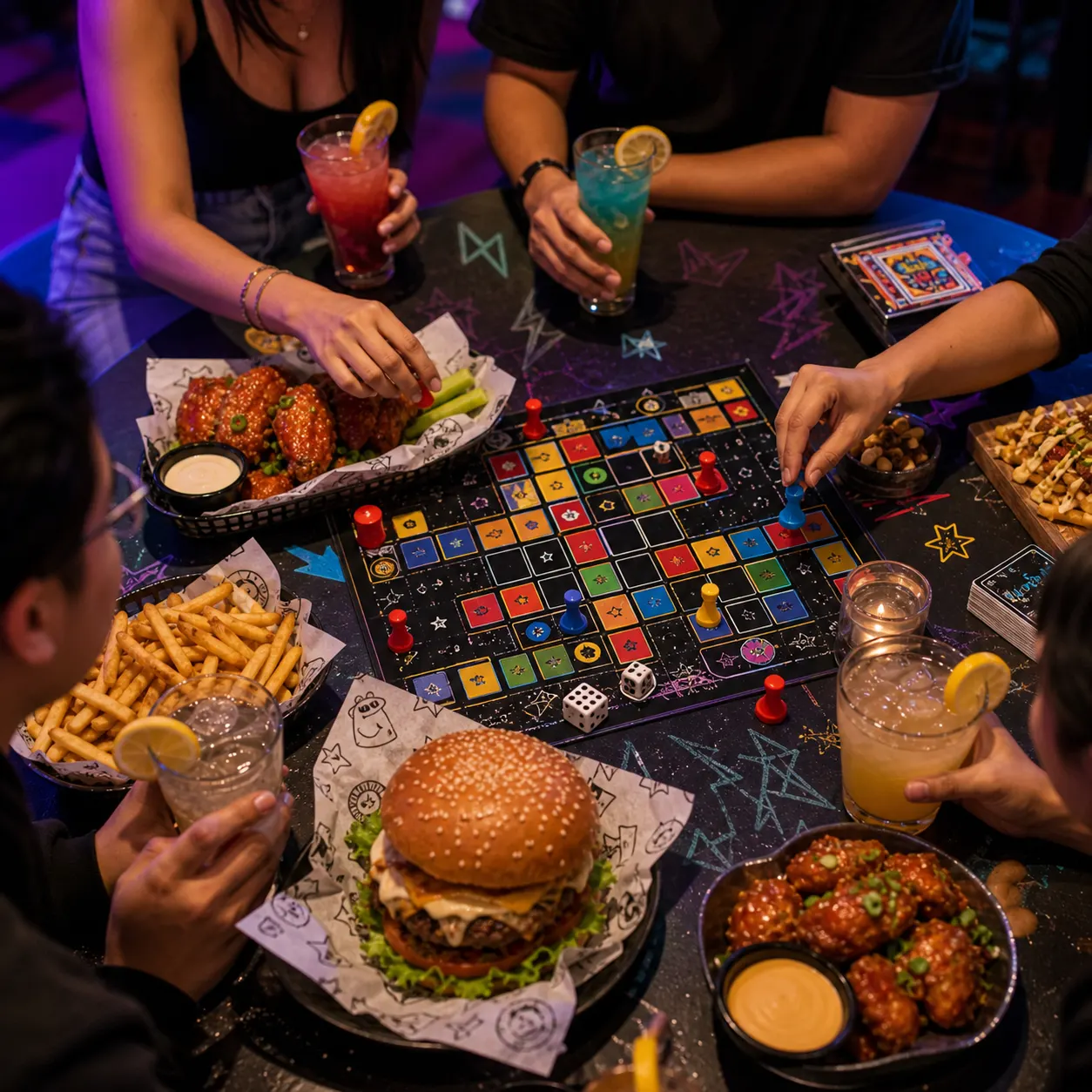 Mesa con juegos, comida y bebidas en D'CHILL.