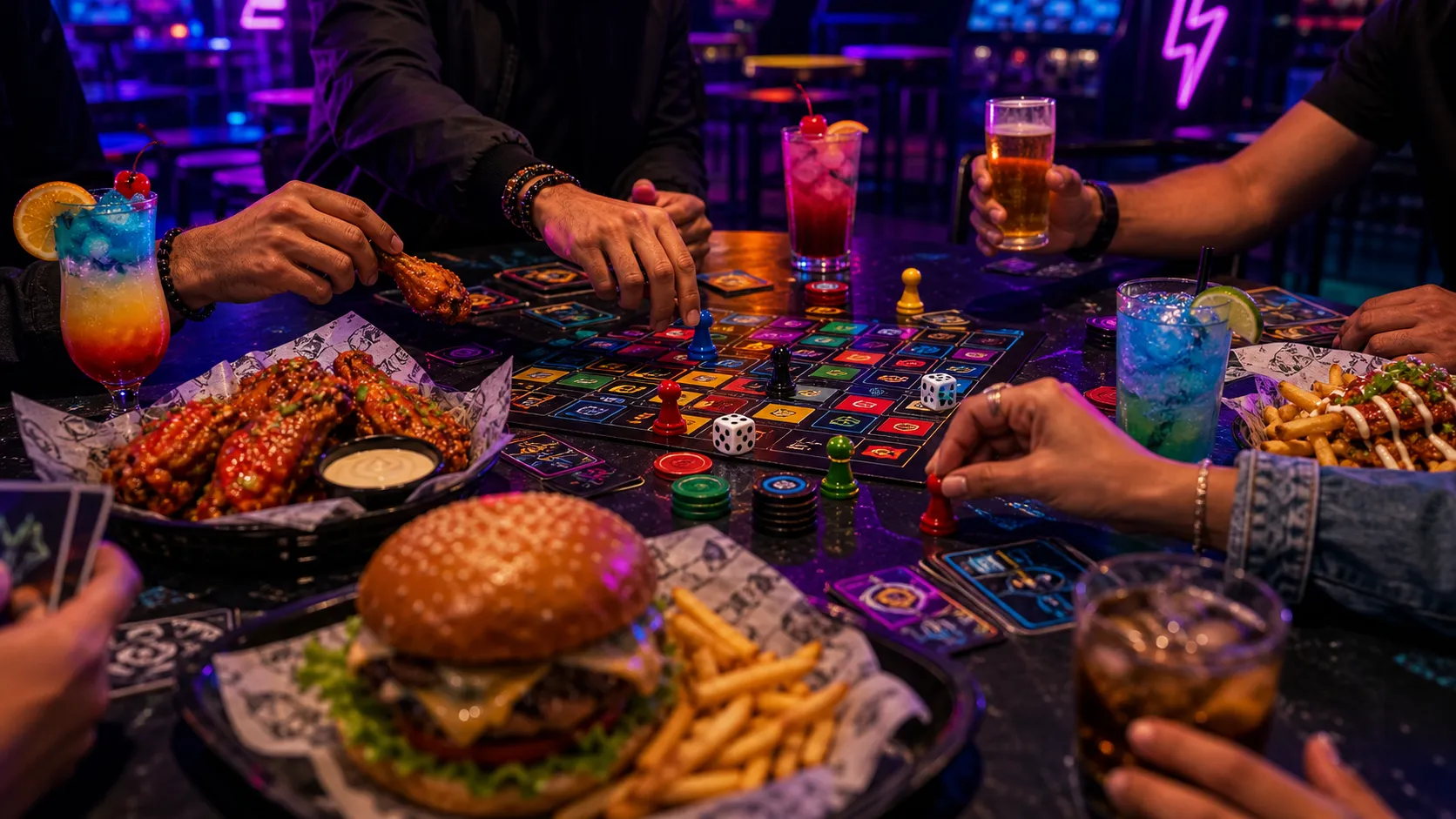 Mesa de D'CHILL con juegos, alitas, burger, cocteles y amigos armando la jugada.