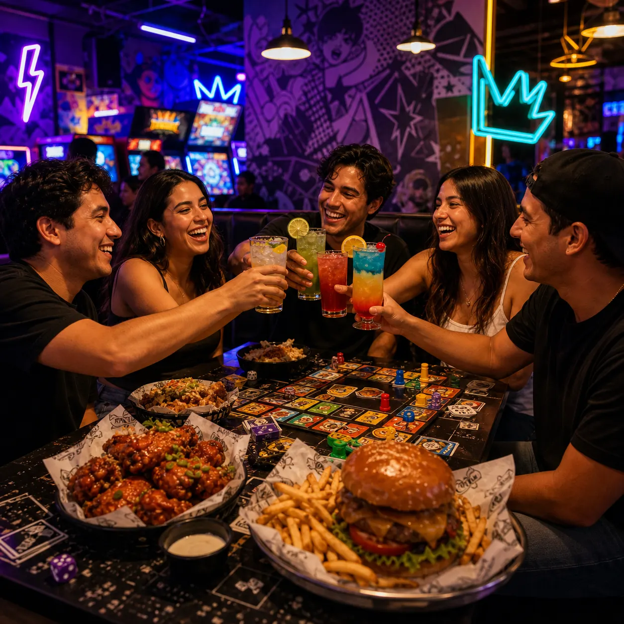 Grupo brindando en una mesa llena de comida en D'CHILL.