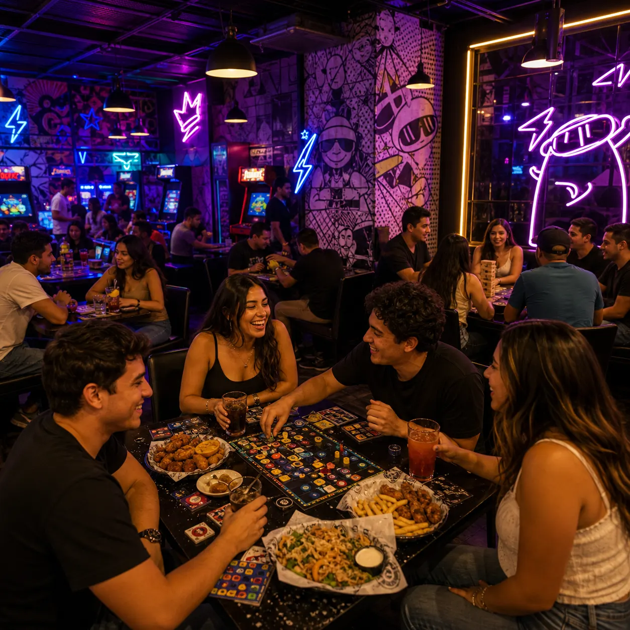 Interior D'CHILL con luces neon y el letrero Que lo bueno dura poco.