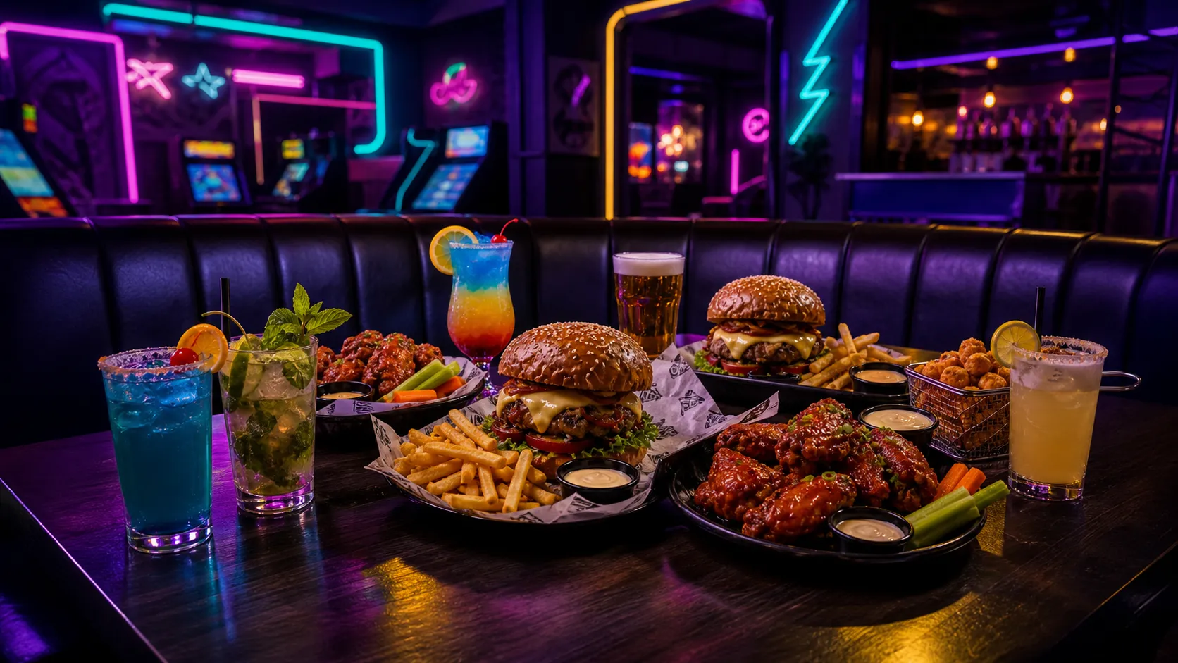 Mesa reservada en D'CHILL con comida, cocteles y ambiente neon.